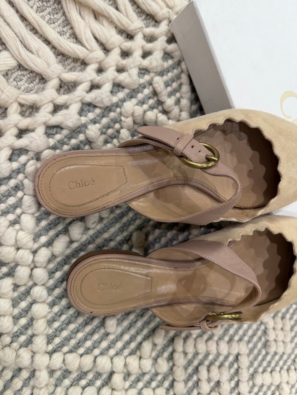 Chloe Lauren Scalloped Suede Mary Jane Flats Beige 37.5 US 7.5